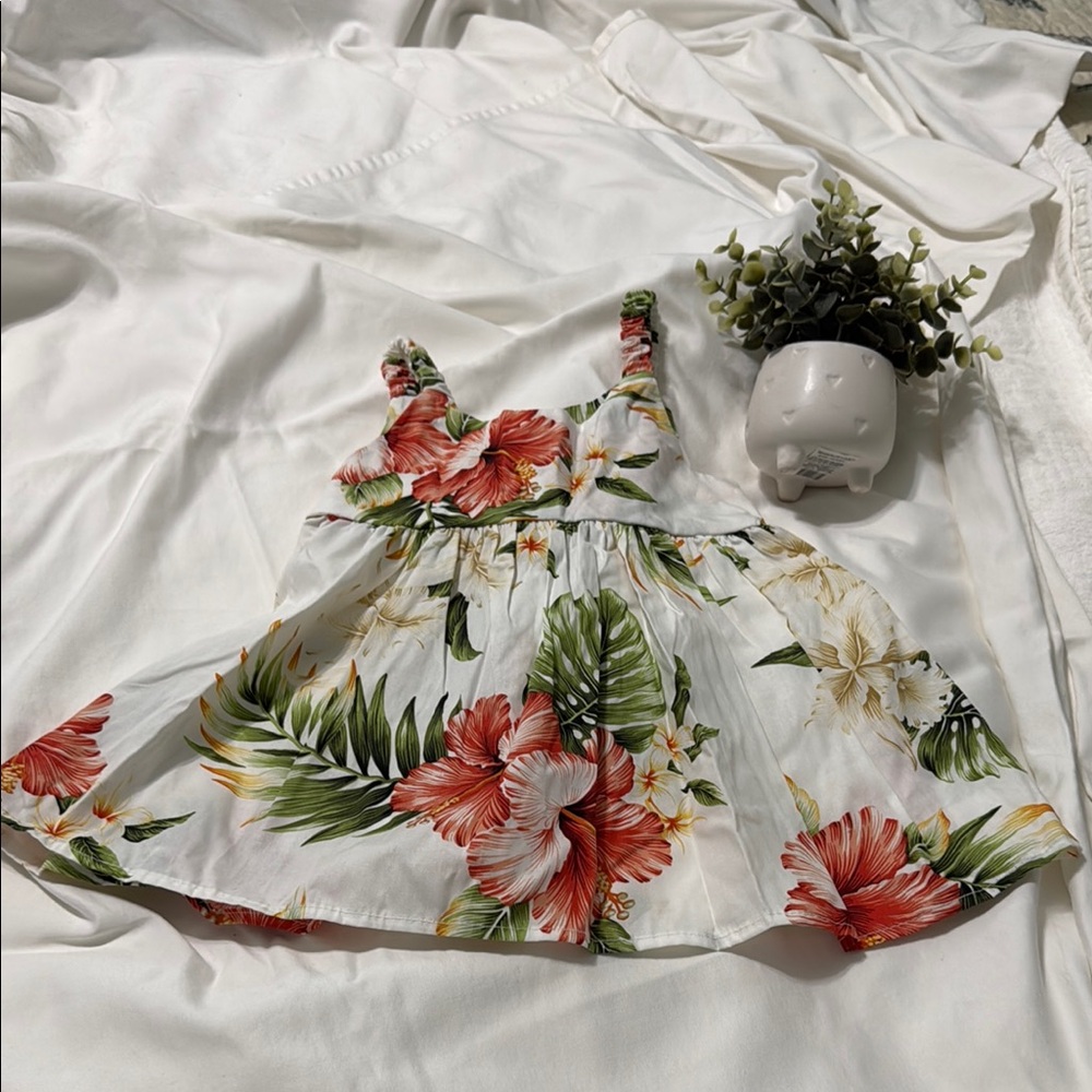 KY’s Hawaiian White and Green Sleeveless Sundress with Square Neck